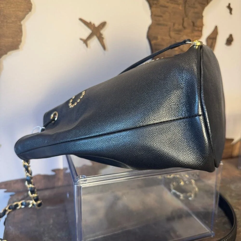 Chanel Paris Black Studded Caviar Leather Bucket Crossbody Bag GHW Authentic CoA